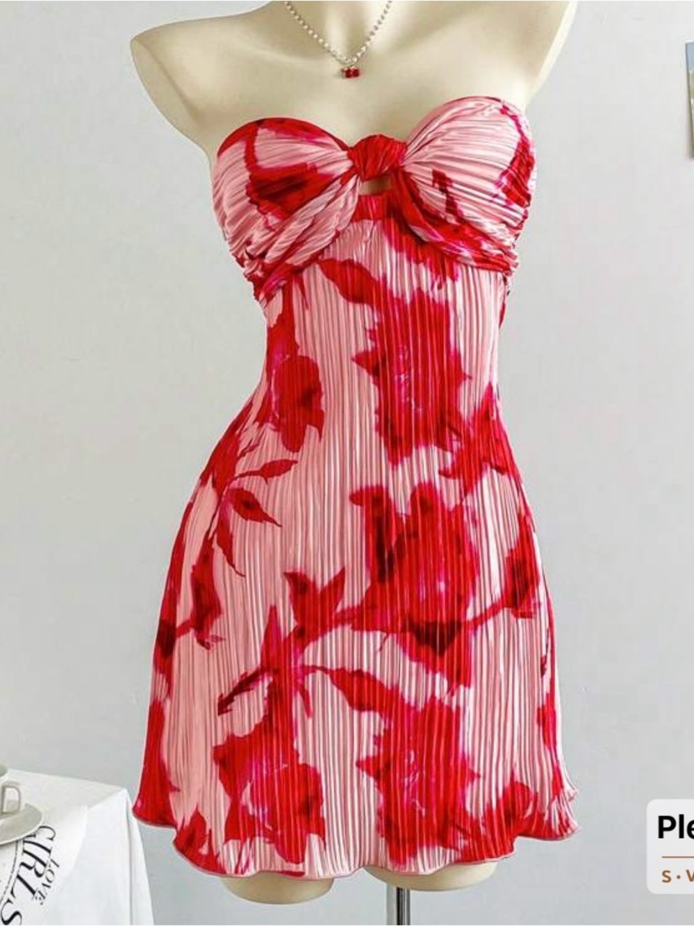 Strapless Pink and Red Floral Pleated Mini Dress